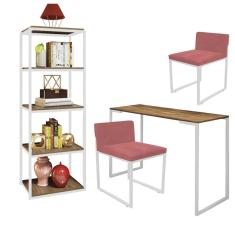 Imagem de Kit Escritório Ravi 2 Cadeiras Suede Rose com 1 Mesa e 1 Livreiro Ferro Branco MDF Rústico - Ahazzo Móveis
