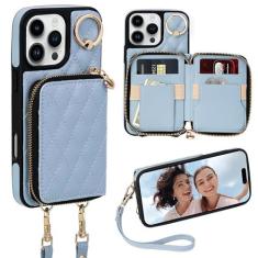 Imagem de Keallce Capa para celular 16 Pro Max 16,7 polegadas, bolsa transversal com zíper com alça de pulso para mulheres, porta-cartões com bloqueio de RFID, anel de 360°, capa flip de couro para telefone 16