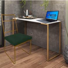 Imagem de Kit Escritório Stark Cadeira e Mesa Industrial Ferro Dourado Tampo MDF Branco Suede Verde Escuro - Ahz Móveis