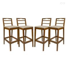 Imagem de Kit 4 Banquetas para Balcão Estofada Alta Grécia de Madeira Amêndoa Linho Bege CCS