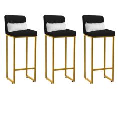 Imagem de Kit 03 Banqueta Alta com Encosto Lucca Industrial Cozinha Balcão Ferro Dourado Corino Preto e Almofada Branco - Ahazzo Móveis