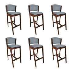 Imagem de Kit 6 Banquetas Alta De Madeira Maciça Mel Premium Ana Com Encosto Linho Cinza - Cor: Cinza