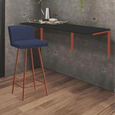 Imagem de Kit Mesa Suspensa de Parede Fixa mdf Preto + 1 Banqueta Lexi Ferro Bronze Sintético Azul Marinho - Ahazzo Móveis