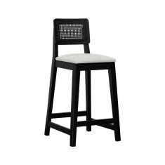 Imagem de Banqueta Gabi Madeira Maciça Encosto c- Telinha c- 68cm Altura - Preto Assento Estofado Linho Bege