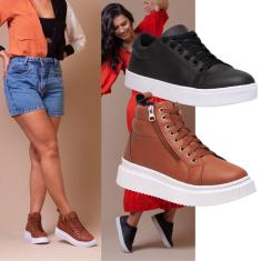 Imagem de Kit Tênis Feminino Preto + Bota Plataforma Caramelo Elegante, Estilo Que Combina Casualidade.