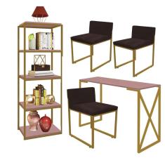 Imagem de Kit Escritório Bex 3 Cadeiras Suede Marrom com 1 Mesa e 1 Livreiro Ferro Dourado MDF Rose Rosa - Ahazzo Móveis