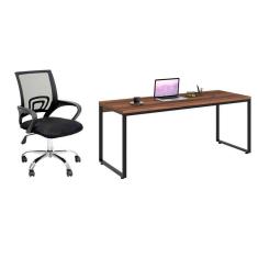Imagem de conjunto de mesa kuadra nogal com cadeira de escritório secretária giratória javix preta