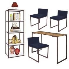 Imagem de Kit Escritório Ravi 3 Cadeiras Suede Azul Marinho com 1 Mesa e 1 Livreiro Ferro Marrom MDF Carvalho - Ahazzo Móveis