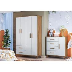 Imagem de Quarto Infantil Retrô Noah Branco/Nature - Guarda-roupa 4 Portas e Côm