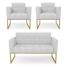Imagem de Kit 1 Sofá Namoradeira E 2 Poltronas Elisa Linho Cinza A05 Base Metáli