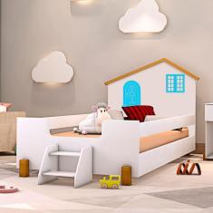 Imagem de Cama Infantil Solteiro Com Escadinha Branco Azul Belíssima Divaloto