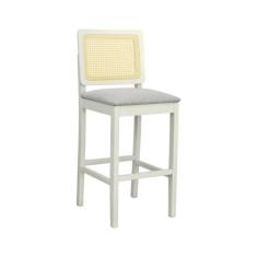 Imagem de Banqueta Alta Bistrô Lyon Madeira Maciça Encosto Telinha Assento Estofado Linho OFF-WHITE/BEGE
