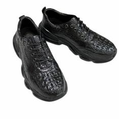 Imagem de Authentic Real Crocodile Skin Tênis masculino acolchoado preto couro de jacaré exótico genuíno masculino macio cadarço tênis de caminhada, Preto, 38