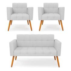 Imagem de Kit 1 Sofá Namoradeira E 2 Poltronas Elisa Linho Pés Palito Castanho -