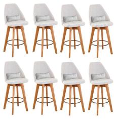 Imagem de Kit 08 Banquetas Alta Maya Giratória Com Encosto Gourmet Linho Bege e Almofada Sintético Branco - Aurora Line