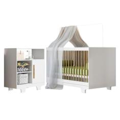 Imagem de Quarto de Bebê com Berço Mini Cama 100% Mdf Flocos e Cômoda 100% Mdf 1 Porta 3 Prateleiras Flocos Branco