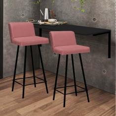 Imagem de Kit Mesa Suspensa de Parede Fixa MDF Preto + 2 Banquetas Lexi Ferro Preto Suede Rose - Ahazzo Móveis