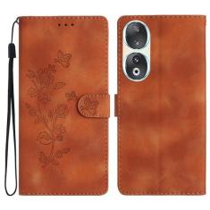 Imagem de SUPWALL Capa flip compatível com Huawei Honor 90 | Capa carteira de couro PU premium borboleta flor em relevo | [Suporte] [Ranhuras para cartão] [Alça de pulso] Capa de telefone à prova de choque |