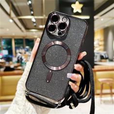 Imagem de Capa magnética de cordão crossbody com glitter para iPhone 15 14 Plus 13 12 11 Pro Max capa traseira de TPU macio galvanizado, preta, para iphone 14 Plus