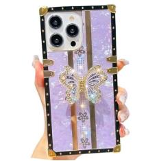Imagem de Kwhapoo Capa quadrada de luxo compatível com iPhone 14 Pro Max de 6,7 polegadas, linda capa com suporte de diamante e borboleta de pérola, capa protetora à prova de choque de silicone com glitter para