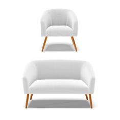 Imagem de Kit 1 Sofá Namoradeira e 1 Poltrona Stella Bouclê Off White Pés Palito Castanho - D`Rossi