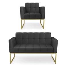 Imagem de Kit 1 Sofá Namoradeira E 1 Poltrona Elisa Corino Preto Base Metálica Industrial Dourado - D`rossi