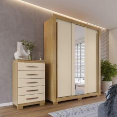 Imagem de Kit Guarda Roupa Casal Dallas 3 Portas 2 Gavetas com Espelho e Cômoda Aspen 5 Gavetas I01 Carvalho Off White - Clique Chique Móveis