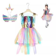 Imagem de Fantasia Unicórnio Menina Festas Infantil com Asas Saia de Tule Tiara 