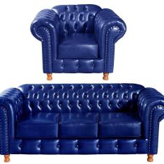 Imagem de Conjunto De Sofá 3 Lugares E 1 Poltrona Chesterfield Luís Xv Azul