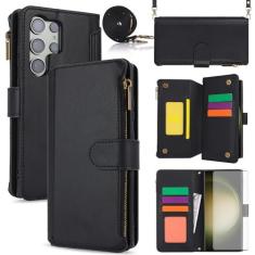 Imagem de Capa de celular para Samsung Galaxy S23 Ultra 5G Capa carteira com protetor de tela de vidro temperado, alça transversal para pulso, flip com bloqueio de RFID, suporte para cartão celular S23Ultra 23S