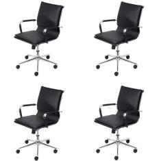 Imagem de Kit 4 Cadeiras para Escritório Baixa Estofada em Sintético com Rodízios 3304 OR Design Preta
