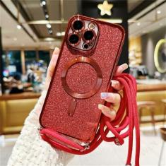 Imagem de Glitter crossbody cordão magnético caso para iphone 15 14 plus 13 12 11 pro max galvanizado macio tpu capa traseira, vermelho, para iphone 13