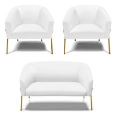 Imagem de Sofá Namoradeira E 2 Poltronas Pé De Ferro Dourado Stella Corino Branco D03 - D`rossi