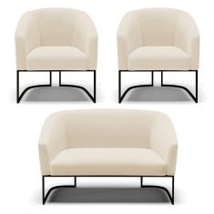 Imagem de Sofá Namoradeira E 2 Poltronas Base Industrial Preto Stella Linho D03 - D'rossi Cor A19 Bege