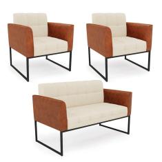 Imagem de Sofá Namoradeira E 2 Poltronas Base Industrial Preto Elisa Nozes-linho Bege A19 D03 - D'rossi