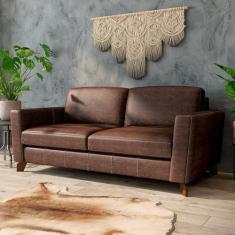 Imagem de Sofá Sala de Estar Living 3 Lugares 260cm Presley Pés Madeira Couro Marrom Manchado G52 - Gran Belo
