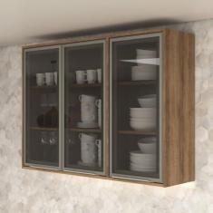 Imagem de Armário Aéreo para Cozinha 3 Portas 120cm com Vidro Lavinia Amêndoa/niágara