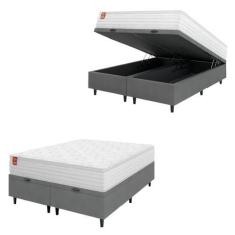 Imagem de Cama Box Baú Colchão Casal King Molas Ensacadas Real 193x203x68cm Branco/Cinza Inducol - Suporta até 130kg por Pessoa