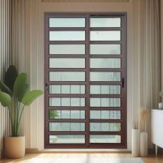 Imagem de Porta de Correr com Travessas 2 Folhas Moveis 210 X 120 Elite com Fechadura Tetra Vidro Liso Corten