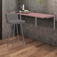 Imagem de Kit Mesa Suspensa de Parede Fixa MDF Rosa + 1 Banqueta Lexi Ferro Cinza Sintético Cinza - Ahazzo Móveis