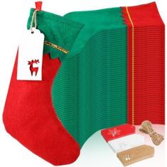 Imagem de Mumucove Pacote com 48 meias de Natal a granel com etiquetas de nome 38 cm meias de lareira de Natal não tecidas para árvore de Natal, floco de neve, árvore de Natal, alce, etiqueta para pendurar,