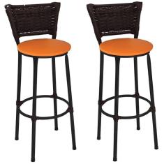 Imagem de Kit 2 Banquetas Médias Preta com Encosto Junco Argila Assento Laranja