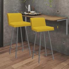 Imagem de Kit Mesa Suspensa de Parede Fixa mdf Freijó + 2 Banquetas Lexi Ferro Cinza Sintético Amarelo - Ahazzo Móveis