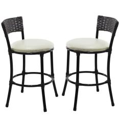 Imagem de 2 Banquetas Forts Baixa Fibra Sintética Preta, Ferro, Assento Estofado Branco