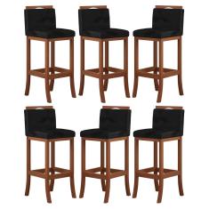 Imagem de Kit 6 Banquetas Média Encosto Estofado 38x92 Cm Turim Madeira Maciça Castanho Suede Preto CCS