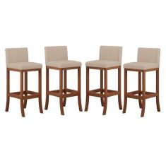 Imagem de Kit 4 Banquetas Alta Encosto Estofado 38x100 Cm Ilha Espanha Madeira Maciça Castanho Suede Bege CCS
