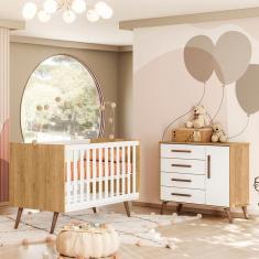 Imagem de Quarto de Bebê com Berço Americano 3820 e Cômoda Infantil 3825 Qencanto Retrô Qmovi Freijó Branco Acetinado