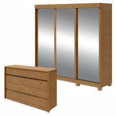 Imagem de Conjunto de Guarda-Roupa 3 Portas 3 Gavetas Saion Plus Super Glass com Pés e Cômoda 8 Gavetas Urban Amêndoa Clean/Off White/Amêndoa Clean