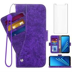 Imagem de Asuwish Capa carteira compatível com Samsung Galaxy A8 Plus 2018, protetor de tela de vidro temperado, suporte magnético, suporte magnético, capa de telefone de couro para Glaxay A8+, Gaxaly A8plus,