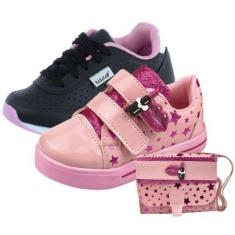 Imagem de Kit 2 Pares Tênis Infantil Feminino com Bolsa e Escolar Rosa-Masculino